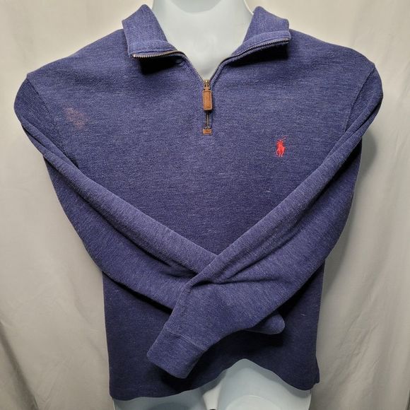 POLO Ralph Lauren Blue With Red Logo Long Sleeve V Neck Zip Up Sweater Pullover - Picture 3 of 11
